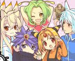  3girls :&lt; :3 :o :} ampharos animal_ears bad_id bad_pixiv_id blonde_hair blue_hair fox_ears gen_1_pokemon gen_2_pokemon gen_3_pokemon green_hair hitmonlee japanese_clothes latios magnemite meganium moemon multiple_boys multiple_girls ninetales oekaki one_eye_closed open_mouth orange_shirt overalls personification pokemon shirt starmie sweater usashiro_mani v 