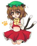  animal_ears bad_id bad_pixiv_id brown_eyes brown_hair c6mystic cat_ears cat_tail chen earrings fang hat jewelry midriff multiple_tails paw_print short_hair solo tail touhou 