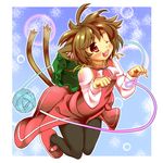  animal_ears brown_hair cat_ears cat_tail chen hat multiple_tails niji_sugi pantyhose red_eyes short_hair solo tail touhou 