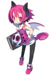  bat_wings black_legwear book choker demon_girl demon_tail disgaea full_body glasses hand_on_hip harada_takehito highres holding holding_book horns leggings looking_at_viewer makai_senki_disgaea_3 official_art pantyhose pink_eyes pink_hair pointy_ears raspberyl semi-rimless_eyewear short_hair simple_background sleeveless slit_pupils solo tail white_background wings wrist_cuffs 