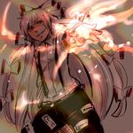  bwb33 fire foreshortening fujiwara_no_mokou grin hair_ribbon long_hair outstretched_arm outstretched_hand pants red_eyes ribbon shirt silver_hair smile smirk solo suspenders touhou twilight white_shirt 