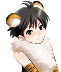  animal_costume animal_ears animal_print antenna_hair bare_shoulders black_hair blush brown_eyes costume elbow_gloves face fur gloves idolmaster idolmaster_(classic) kikuchi_makoto new_year short_hair smile solo tiger_costume tiger_ears tiger_print vuipui 