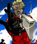  blonde_hair cloud coat crossed_fingers day earrings foreshortening gloves grimace gun handgun hands jewelry lens_flare male_focus miwa_shirou revolver sky solo sunglasses teeth trigun vash_the_stampede weapon 