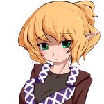  blonde_hair blush breasts cleavage frown green_eyes hakano_shinshi half_updo large_breasts mizuhashi_parsee pointy_ears short_hair solo touhou transparent_background 