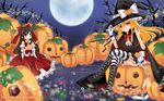  aoilio bad_id bad_pixiv_id black_hair blonde_hair blue_eyes bow braid brown_hair candy cape detached_sleeves food food_themed_hair_ornament full_moon gloves hair_bow hair_ornament hakurei_reimu halloween hat highres jack-o'-lantern kirisame_marisa long_hair moon multiple_girls night pumpkin pumpkin_hair_ornament ribbon smile star striped thighhighs touhou wallpaper watermark witch_hat yellow_eyes 