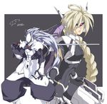  1girl 2010 bad_id bad_pixiv_id blazblue blonde_hair bodysuit braid grey_background hakumen lambda-11 long_hair mask mecha_musume muscle pants sword take_shinobu weapon white_hair 