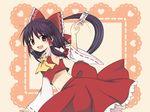  bow brown_eyes detached_sleeves hair_bow hakurei_reimu long_hair midriff purple_hair sakeko solo touhou 