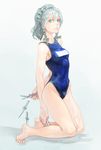  barefoot blue_eyes braid feet hands izayoi_sakuya knife legs lips one-piece_swimsuit school_swimsuit short_hair silver_hair solo swimsuit touge_(kubiwa_tsuki) touhou twin_braids 