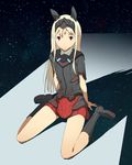  blonde_hair colored_eyelashes darius darius_burst houru red_eyes sitting skirt solo star ti2 wariza 