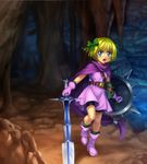  :o angry armor bag belt bianca's_daughter blonde_hair blue_eyes blush boots bow cape cave dragon_quest dragon_quest_v dress hair_bow highres mutsuki_(moonknives) open_mouth shield short_hair solo sword weapon 