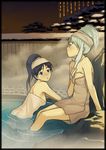  black_hair blue_eyes breasts ganaha_hibiki hair_up idolmaster idolmaster_(classic) inu_(aerodog) long_hair medium_breasts multiple_girls naked_towel onsen shijou_takane silver_hair steam towel water wet 