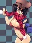  bag bikini black_hair breasts cabbie_hat cleavage copyright_request glasses hat highres hoppege large_breasts miyasu_risa navel red_eyes scarf solo striped striped_scarf swimsuit thighhighs watch wristwatch 