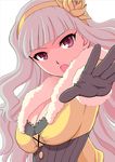  beyond_the_nobles breasts cleavage gloves hair_ornament hairband idolmaster idolmaster_(classic) large_breasts long_hair nokia_(harusion) red_eyes shijou_takane silver_hair solo yellow_hairband 