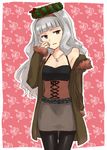  bare_shoulders black_legwear breasts cleavage grey_hair hairband himetsuba idolmaster idolmaster_(classic) jacket jewelry long_hair medium_breasts miniskirt necklace pantyhose pencil_skirt red_eyes shijou_takane silver_hair skirt solo thighhighs wreath 