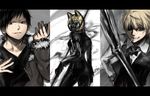  2boys animal_helmet black_hair blonde_hair celty_sturluson cigarette durarara!! heiwajima_shizuo helmet multiple_boys murakami_yuichi orihara_izaya red_eyes short_hair sunglasses 