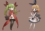  alice_(wonderland) alice_(wonderland)_(cosplay) alice_in_wonderland bad_id bad_pixiv_id black_legwear blonde_hair bow bunny chibi cosplay dress elbow_gloves full_body gloves green_hair hair_ornament hairclip hatsune_miku heart highres kagamine_rin kirari_chito multiple_girls pantyhose pocket_watch print_legwear ribbon scarf short_hair simple_background stuffed_animal stuffed_bunny stuffed_toy vocaloid watch white_legwear wristwatch 