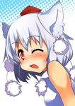  animal_ears bare_shoulders blush face fang halftone halftone_background hat inubashiri_momiji one_eye_closed red_eyes short_hair silver_hair sleeveless solo tera_zip tokin_hat touhou wolf_ears 