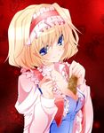 alice_margatroid bad_id bad_pixiv_id between_breasts blonde_hair blue_eyes breasts bug butterfly card card_between_breasts cleavage hairband head_tilt holding holding_card insect medium_breasts nanase_nao open_clothes short_hair solo touhou untied 