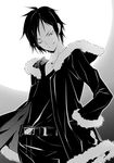  belt buckle durarara!! greyscale jacket kousaki_rui long_sleeves looking_at_viewer male_focus monochrome one_eye_closed open_clothes open_jacket orihara_izaya pants simple_background solo standing white_background 