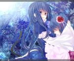  blue_eyes blue_hair bow butterfly dress eyes_closed frederica_bernkastel frills furudo_erika glowing glowing_eyes grin hair_ornament holding hug long_hair mutsuki_(ama245) smile tail twintails umineko_no_naku_koro_ni 