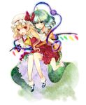  bad_id bad_pixiv_id blonde_hair eyes flandre_scarlet green_eyes green_hair hat komeiji_koishi multiple_girls ponytail red_eyes shiratama_moyashi short_hair side_ponytail touhou wings 