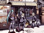  2girls aqua_eyes aqua_hair blonde_hair blue_eyes guitar_case hatsune_miku high_contrast instrument_case kagamine_len kagamine_rin long_hair multiple_girls school_uniform serafuku short_hair skirt smile thighhighs torigoe_takumi twintails very_long_hair vocaloid zettai_ryouiki 