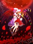  bat_wings blonde_hair bow dress flandre_scarlet hat highres holding_hands moon multiple_girls nami_(snow) petals purple_hair red_eyes red_moon remilia_scarlet short_hair siblings side_ponytail sisters smile touhou wings 