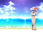  barefoot beach bikini blue_hair cloud day food hat highres hoppege landscape legs lens_flare long_hair ocean original outdoors pointy_ears popsicle red_eyes solo sun_hat swimsuit 