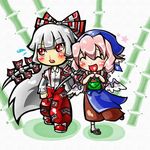  apron bamboo bamboo_forest blood blush carrying chibi closed_eyes forest fujiwara_no_mokou hair_ribbon happy head_scarf heart long_hair makeinu_no_moeji multiple_girls mystia_lorelei nature nosebleed okamisty pants pink_hair red_eyes ribbon sandals silver_hair suspenders touhou walking 