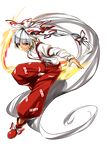  absurdres alternate_hairstyle bow fire fujiwara_no_mokou full_body hair_bow hair_ribbon highres long_hair long_sleeves nana_g outstretched_arms pants ponytail pose red_eyes ribbon shirt shoes silver_hair solo spread_arms suspenders touhou transparent_background very_long_hair white_shirt 