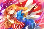  american_flag american_flag_dress blonde_hair clownpiece fairy_wings grin hat jester_cap kutsuki_kai long_hair open_mouth red_eyes smile solo torch touhou very_long_hair wings 