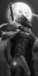  absurd_res anthro blaidd_(elden_ring) canid canine canis cape clothed clothing elden_ring fromsoftware full_moon fur greyscale hi_res lamp lantern male mammal melee_weapon monochrome moon neungsonie nipples solo sword topless topless_male video_games weapon wolf 