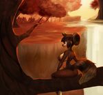  anthro blue_eyes bra breasts brown_fur brown_hair butt canine clothing female fur hair higgyy looking_back mammal outside panties short_hair sitting smile solo tree underwear wolf 