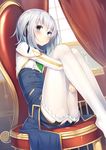  airi_arcadia blue_eyes blush chair curtains from_side gurasion_(gurasion) highres knees_to_chest knees_up long_sleeves looking_at_viewer pantyhose ribbon saijaku_muhai_no_bahamut short_hair silver_hair sitting solo uniform white_legwear 