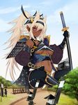  armor artist_request banner blush breasts castle dark_elf dark_skin detached_sleeves elf giantess hat indian_style japanese_armor jingasa katana large_breasts long_hair multiple_boys navel personification pink_eyes pointy_ears ponytail sansei_muramasa sashimono shoulder_armor sitting sode solo_focus soukou_akki_muramasa suneate sword thighhighs underboob very_dark_skin weapon white_hair 