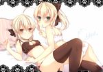  ahoge artist_name artoria_pendragon_(all) back-print_panties bangs bed_sheet bell black_legwear black_ribbon blonde_hair blush braid breasts cat_lingerie chihiro_(khorosho) cleavage eyebrows_visible_through_hair fate/grand_order fate/stay_night fate/unlimited_codes fate_(series) french_braid green_eyes hair_between_eyes hair_ribbon jingle_bell looking_at_viewer matching_outfit medium_breasts meme_attire multiple_girls panties parted_lips paw_print pillow print_panties ribbon saber_alter saber_lily side-tie_panties signature thighhighs underwear underwear_only white_background white_legwear yellow_eyes 