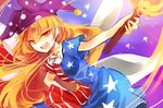  american_flag_dress blonde_hair clownpiece fairy_wings hat jester_cap kutsuki_kai long_hair open_mouth red_eyes smile solo torch touhou very_long_hair wings 