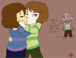  asriel_dreemurr boss_monster caprine chara_(undertale) dezz english_text goat human kissing male mammal protagonist_(undertale) red_eyes simple_background text undertale video_games 