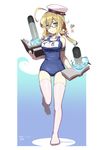 2016 ahoge arm_strap blonde_hair book bookmark breasts character_name dated full_body glasses green_eyes holding holding_book i-8_(kantai_collection) kantai_collection large_breasts long_hair low_twintails name_tag no_shoes old_school_swimsuit one-piece_swimsuit open_book red-framed_eyewear school_swimsuit semi-rimless_eyewear smile solo standing standing_on_one_leg swimsuit thighhighs tonami_kanji torpedo twintails twitter_username under-rim_eyewear white_legwear 