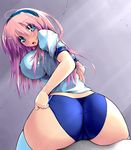  ass blue_eyes blush breasts buruma commentary_request gym_uniform hairband headband highres large_breasts long_hair looking_at_viewer open_mouth original panties panties_under_buruma pink_hair scatter_milk solo thighhighs underwear 