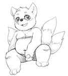  anthro balls barefoot blush canine cub flaccid fox greyscale holding_penis looking_at_viewer lunicent mammal monochrome moobs multiple_tails navel nude open_mouth penis sitting spread_legs spreading uncut young 