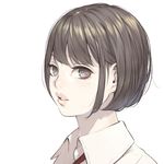  bangs bob_cut brown_eyes brown_hair collared_shirt dress_shirt looking_at_viewer original parted_lips pink_lips portrait ringed_eyes shiohara_shin'ichi shirt short_hair simple_background solo white_background white_shirt 