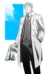  beam_gun black_pants dominator_(gun) grey_hair gun hand_in_pocket holding holding_gun holding_weapon jacket looking_at_viewer male_focus masaoka_tomomi necktie oludo pants psycho-pass solo standing weapon 