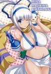  birthday blue_eyes blush breasts c.r. champuru cleavage commentary_request dark_skin groin hair_ribbon hairband happy_birthday highres large_breasts long_hair looking_at_viewer majikina_mina navel one_eye_closed ponytail ribbon samurai_spirits scarf sideboob smile snk solo white_hair 