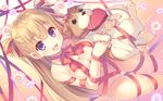  :d alice_third_macy blonde_hair blush bound box breasts cameltoe cerberus_(koi_suru_kanojo_no_bukiyou_na_butai) covered_nipples dog dutch_angle heart-shaped_box highres koi_suru_kanojo_no_bukiyou_na_butai long_hair looking_at_viewer medium_breasts naked_ribbon open_mouth purple_eyes ribbon smile takei_ooki two_side_up wallpaper 