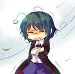  antennae aqua_hair baggy_pants cape closed_eyes crossed_arms kutsuki_kai long_sleeves open_mouth pants shirt solo touhou trembling wavy_mouth wind wriggle_nightbug 