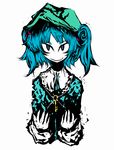  bad_id bad_pixiv_id black_eyes closed_mouth commentary_request evil_smile eyebrows f7(eiki) green_hat green_jacket hat jacket jewelry kawashiro_nitori key looking_at_viewer necklace pendant simple_background smile solo thick_eyebrows touhou tsurime two_side_up upper_body white_background 