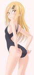  adjusting_clothes adjusting_swimsuit armpits ass backless_outfit bangs bare_arms bare_shoulders blonde_hair blush breasts brown_eyes dagashi_kashi ear_piercing earrings endou_saya eyelashes from_side frown hair_between_eyes hair_ornament hairclip highres jewelry leaning_forward long_hair looking_at_viewer looking_back one-piece_swimsuit piercing pink_background skin_tight small_breasts solo standing swept_bangs swimsuit taka_(takahirokun) tsurime very_long_hair wavy_mouth 