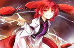  bent_over blazer drum drum_set drumsticks grin horikawa_raiko instrument jacket kutsuki_kai long_sleeves looking_at_viewer necktie open_blazer open_clothes open_jacket red_eyes red_hair shirt skirt smile solo touhou 