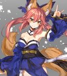  :&gt; animal_ears bad_id bad_pixiv_id bare_shoulders bow breasts chocoan cleavage collarbone detached_sleeves fate/extra fate_(series) fox_ears fox_shadow_puppet fox_tail gold_trim grey_background hair_bow hair_ribbon japanese_clothes large_breasts long_hair looking_at_viewer multiple_tails pink_hair ribbon simple_background solo tail tamamo_(fate)_(all) tamamo_no_mae_(fate) twintails yellow_eyes 